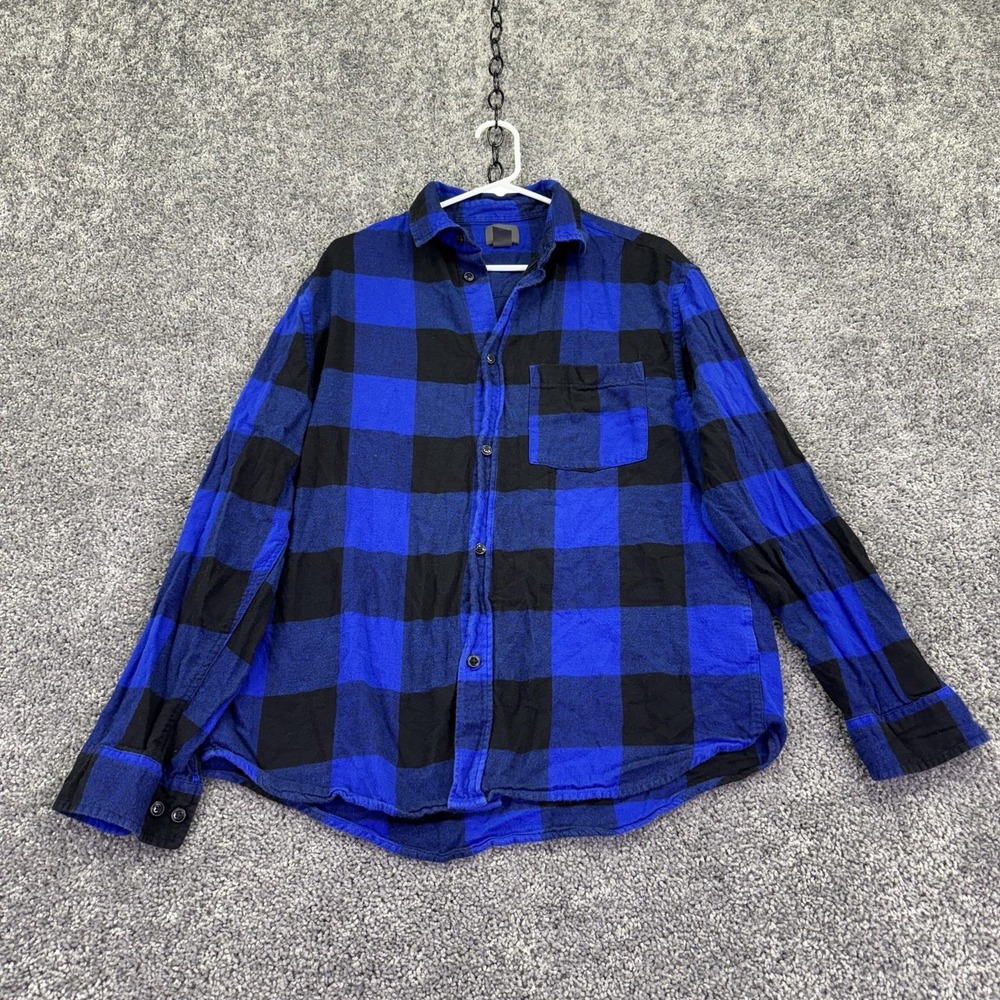 H&M Shirt Mens Medium Blue Black Plaid Flannel Long Sleeve Button Pocket Casual